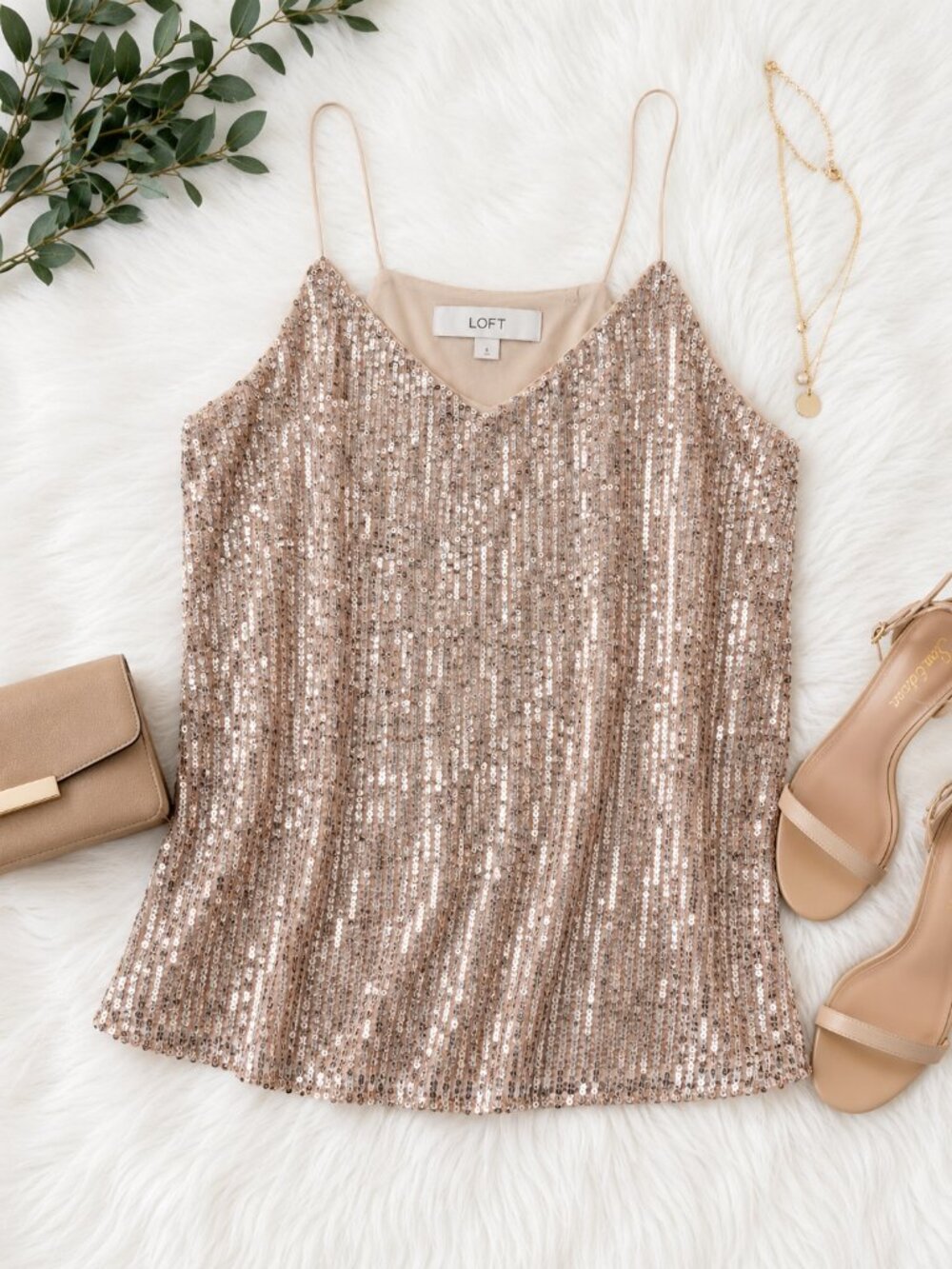 LOFT Women's Small Champagne Sequin V-Neck Cami Tank Top Party Holiday